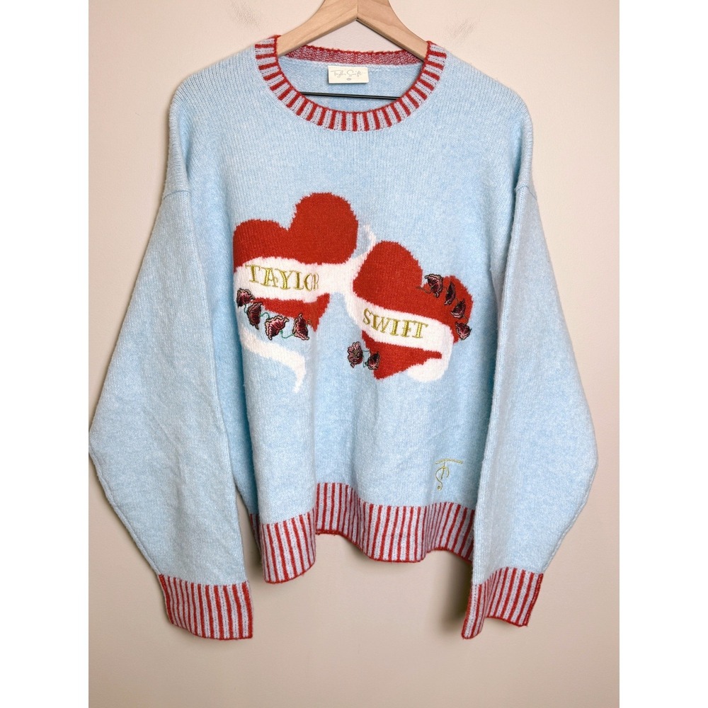 Taylor Swift Large Album Heart Sweater Lover Blue Red Embroidered TS Knit Soft